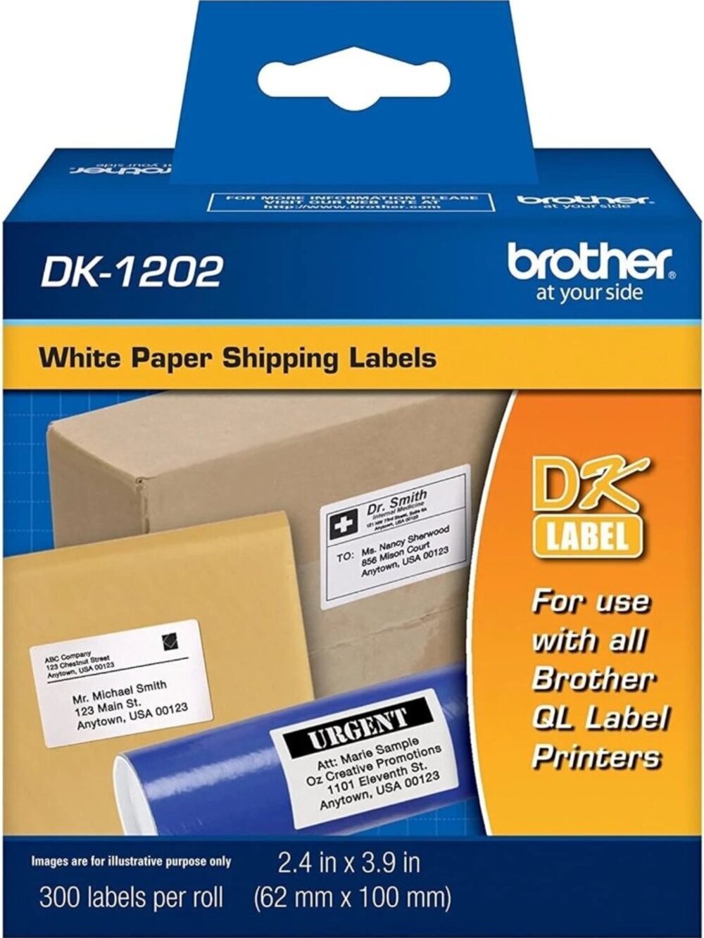 Brother DK-1202 White Die-Cut Shipping Paper 300 Labels 2.4 in x 3.9 in